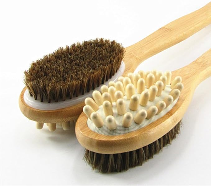 Bamboo Handle Dry Body Brush with Soft Natural Horsehair Bristles & Solid Wood Massage Nodes, Dual-Sided Long Handle Bath Shower Brush Back Scrubber. (15.7" White)