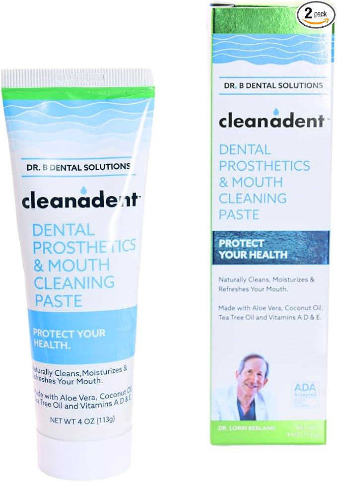Dr. B Dental Solutions Cleanadent Denture and Gum Toothpaste, ADA Accepted All-Natural Denture Toothpaste for Adults - Removes Odors, Stains and Adhesives - 4 oz (2 Pack)