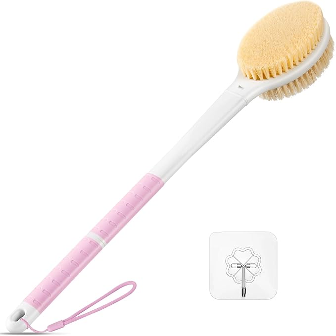 Back Scrubber Body Shower Brush: Anti Slip Long Handle Bath Brush with Stiff and Soft Bristles - Showering Exfoliator Wet or Dry Brushing for Women, Men, Elderly (Pink)