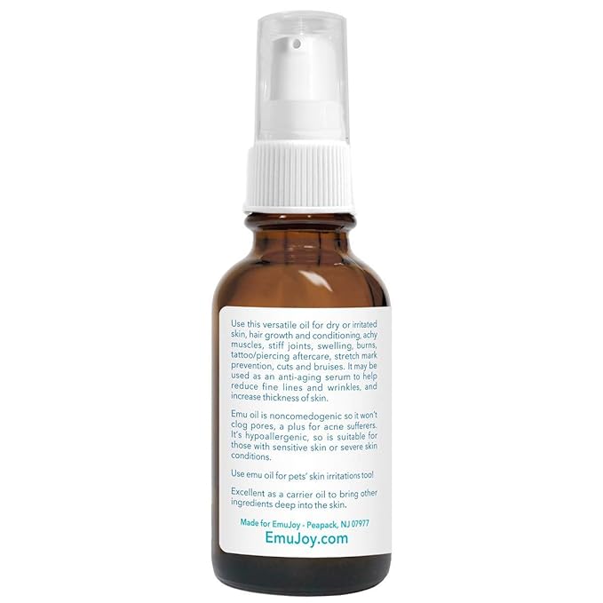 Emu Joy Emu Oil Organic - 100% Pure, Made in the USA - Emu for Skin, Face, Hair, and Nails, Piercing Bump Oil & Tattoo Aftercare (Old Packaging, 1 Fl Oz)