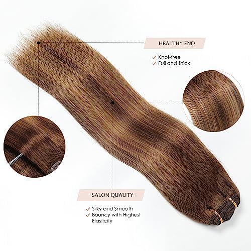 Sisily Clip in Hair Extensions Real Human Hair, 16 inch 140g, Chocolate Brown To Caramel Blonde, 100% Brazilian Remy Human Hair Clip in Extensions Soft Straight 7pcs Per Set with 16 Clips Double Weft