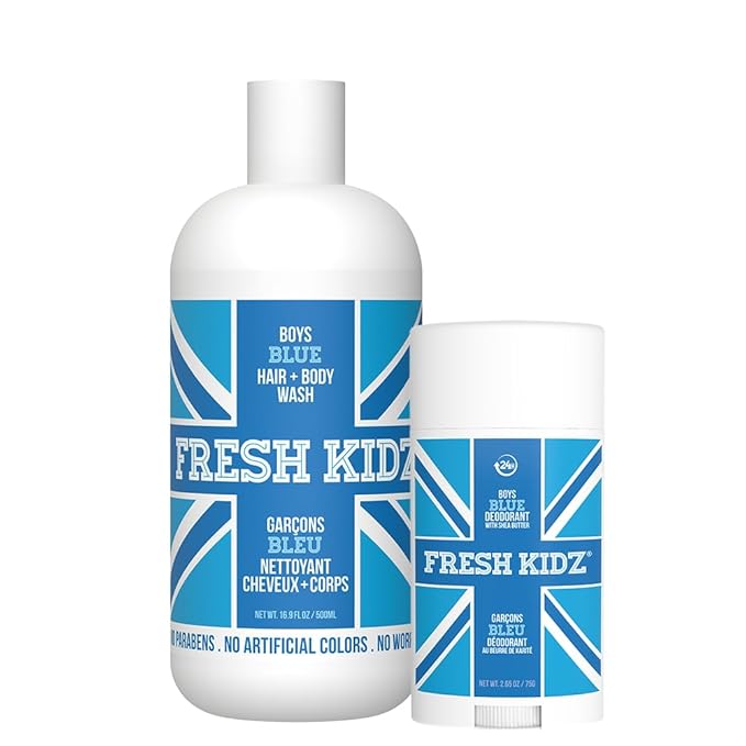 Fresh Kidz Hair & Body Wash 16.9 fl.oz. and Stick Deodorant 2.65 oz for Kids and Teens - Boys Blue Set