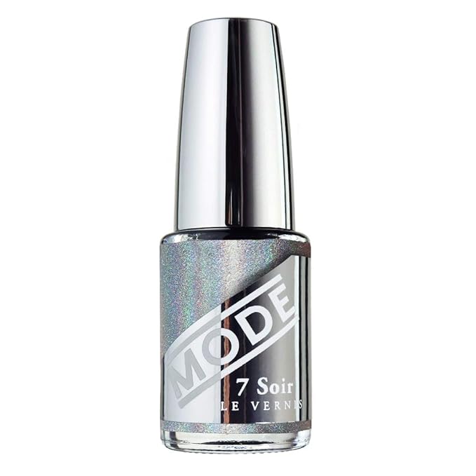 MODE Silver Holographic Nail Polish, Superior Performance Nail Lacquer Color, Chip Resistant Strengthening Protection, Pro Wide Contour Brush, Vegan, NY USA Made, 7 Soir Le Vernis, Chasing Rainbows
