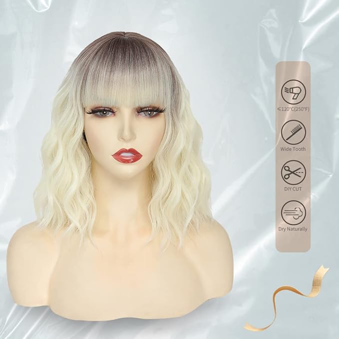 WAVE&BREEZE Short Platinum Blonde Wigs with Bangs 14Inch Wavy Curly Bob Hair Wig for Women Shoulder Length Natural Looking Hair Replacement Wig for Daily Party Cosplay Costume Halloween