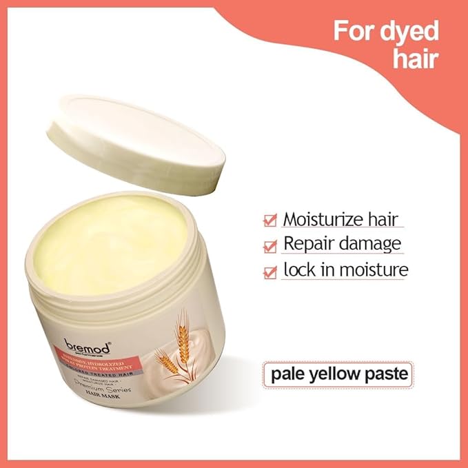 Bremod Performance Wheat Protein Hair Mask Intensive Repair Treatment for Color-Treated，Damaged Hair Strengthens, Boosts Elasticity, Adds Volume, Locks in Moisture 16.9 Fl Oz