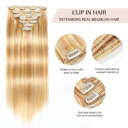 Sisily Clip in Hair Extensions Real Human Hair, 24 inch 180g, Blonde, 100% Brazilian Remy Human Hair Clip in Extensions Soft Straight 7pcs Per Set with 16 Clips Double Weft