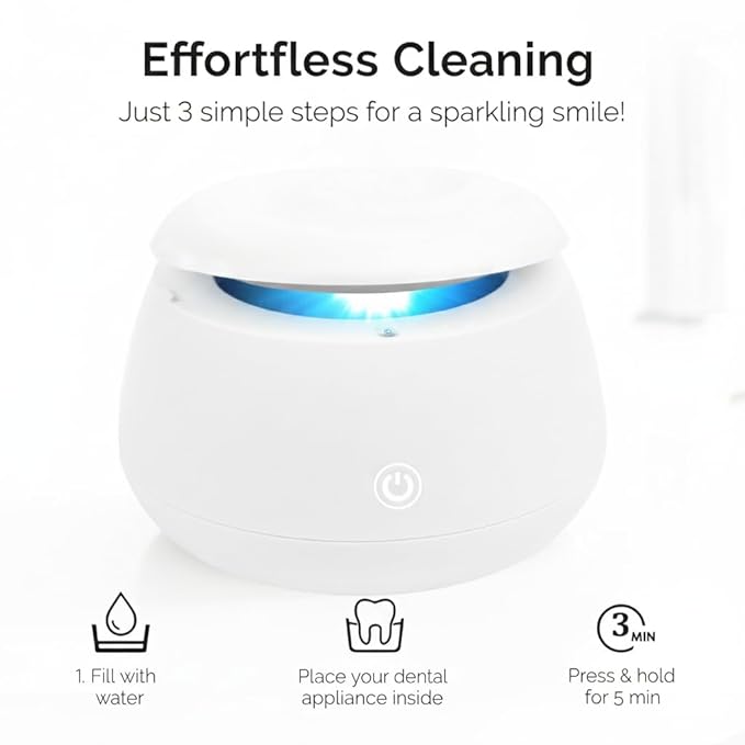 Fiona James 48kHz Ultrasonic Dental Pod Cleaner with UV – White | Retainer, Aligner, Night Guard & Denture Cleaner | Sonic Cleaning Machine for Oral Appliances & Jewelry