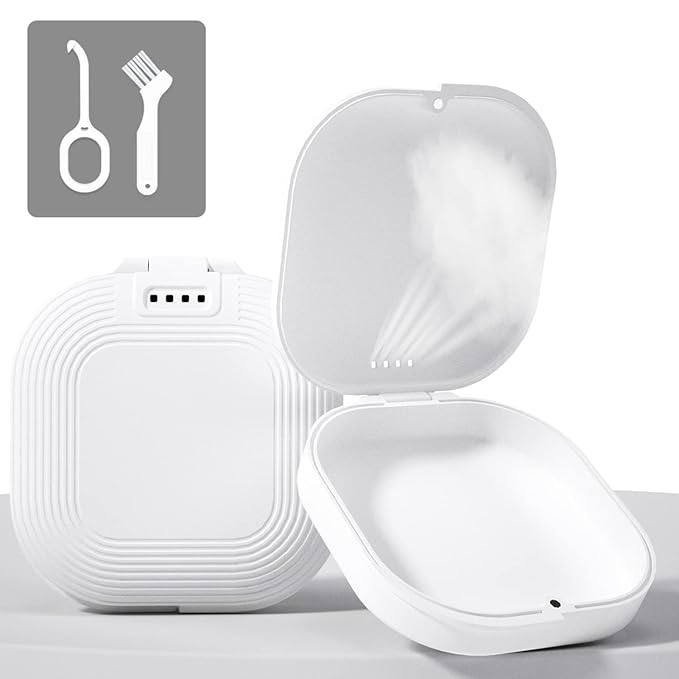 Retainer Case with Vent Holes - Slim Aligner & Mouth Guard Case, Invisalign Compatible, with Removal Tool & Brush, White