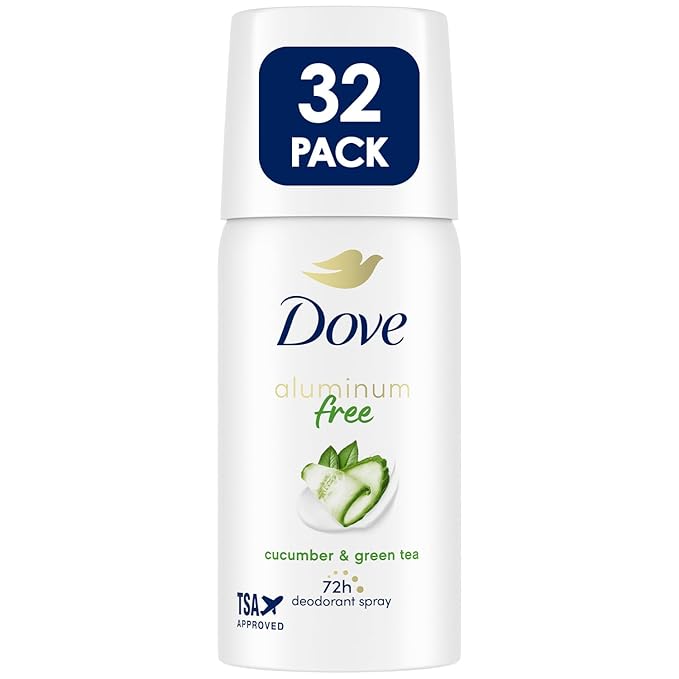 Dove Aluminum-Free Deodorant, Travel-Size Spray 32-Pack – Cucumber & Green Tea, 1.1 Oz Ea