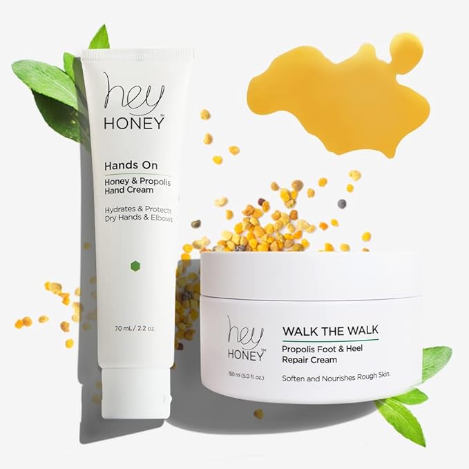 Hey Honey Skincare Hands & Feet Haydration Treatment Gift Set | Spa Grade Home Treatment For Extremely Dry Skin | Instant Relief For Cracked Elbows, Feet and Heels | 7.5 Oz
