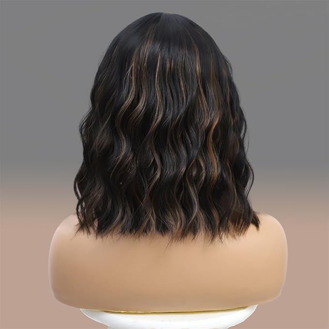 WAVE&BREEZE Black Mixed Brown Highlights Wigs for Black Women Short Wavy Curly Wig With Bangs Natural Looking Synthetic Hair Wigs Heat Resistant Fiber Wig for Daily Party
