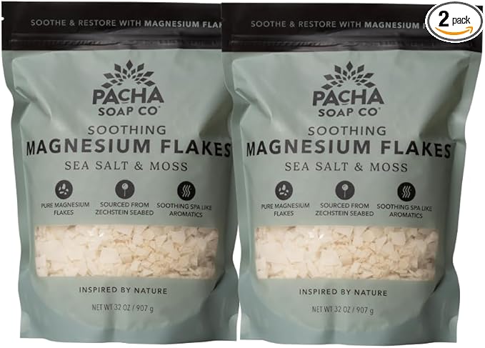 Pacha Soap Co. Magnesium Flake Salt Soak - Sea Salt & Moss, Soothing Mineral Bath Soak with Magnesium & Sea Salt, Paraben, Sulfate, and Dye-Free, Handcrafted in The USA, 2-Pack, 32 oz Each