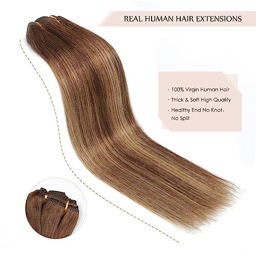 Sisily Clip in Hair Extensions Real Human Hair, 16 inch 140g, Chocolate Brown To Caramel Blonde, 100% Brazilian Remy Human Hair Clip in Extensions Soft Straight 7pcs Per Set with 16 Clips Double Weft