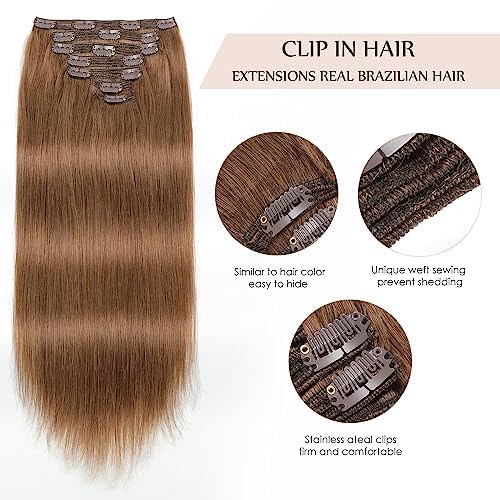 Sisily Clip in Hair Extensions Real Human Hair, 16 inch 140g, Medium Light Brown, 100% Brazilian Remy Human Hair Clip in Extensions Soft Straight 7pcs Per Set with 16 Clips Double Weft
