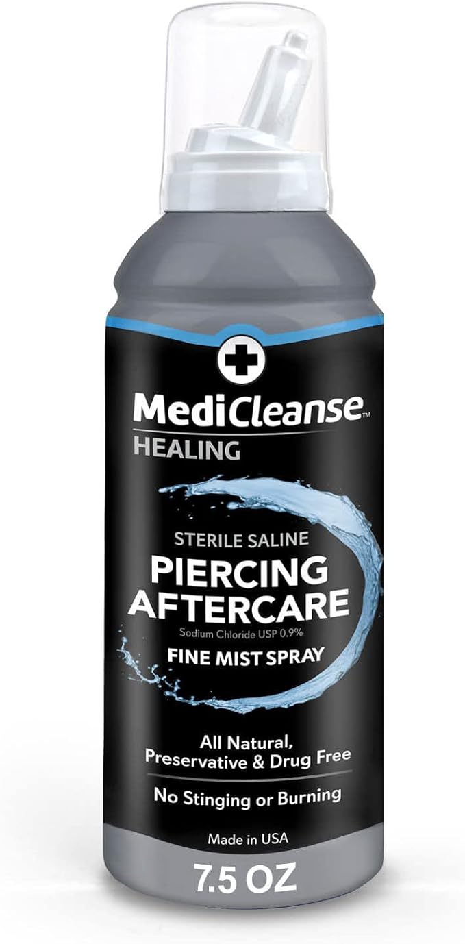 MediCleanse Sterile Saline Piercing Aftercare Fine Mist Spray, 7.5 Ounce, All Natural, No Alcohol, Vegan Friendly, for Piercings and Tattoos, Made in USA