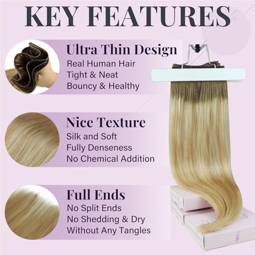 Fshine Genius Weft Hair Extensions Chestnut Brown to Honey Blonde Mix Platinum Blonde Human Hair Extensions Sew in Remy 50g Long 14 Inch