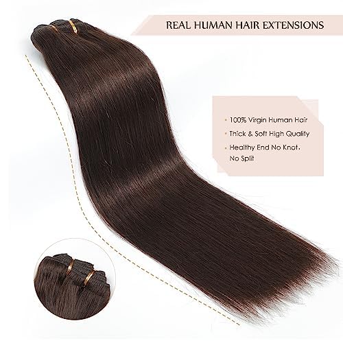 Sisily Clip in Hair Extensions Real Human Hair, 16 inch 140g, Dark Brown, 100% Brazilian Remy Human Hair Clip in Extensions Soft Straight 7pcs Per Set with 16 Clips Double Weft