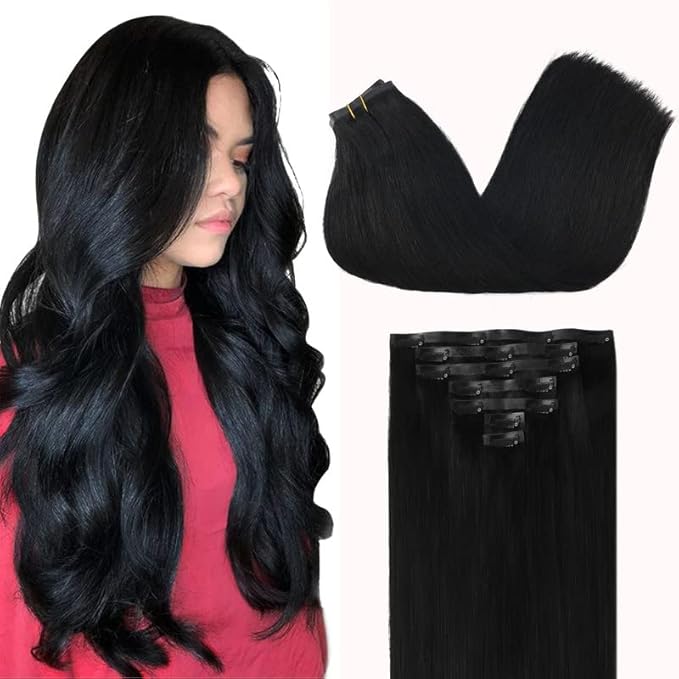 GOO GOO Clip in Hair Extensions Real Human Hair, Remy Human Hair Extensions Clip ins for Women, Natural Human Hair, 20inch 110g 7Pcs, 1 Jet black