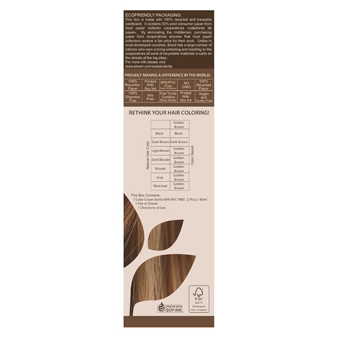 Hair Color EKOEH BRASIL Cream Golden Brown, PPD FREE, VEGAN 2.7fl.oz