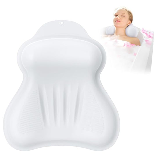 Silicone Bath Pillow, New Material Bath Pillows for Tub Head Neck and Back Support, Bath Tub Pillow with 4D Press Inflatable Airbag and Non-Slip Strong Suction Cups, Quick-Drying, Easy to Store, White