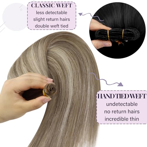 Fshine Genius Weft Sew in Human Hair Genius Weft Light Brown Highlight Platinum Blonde 24 Inch 60g Real Human Weave Natural Human Weave Hand Tied Remy