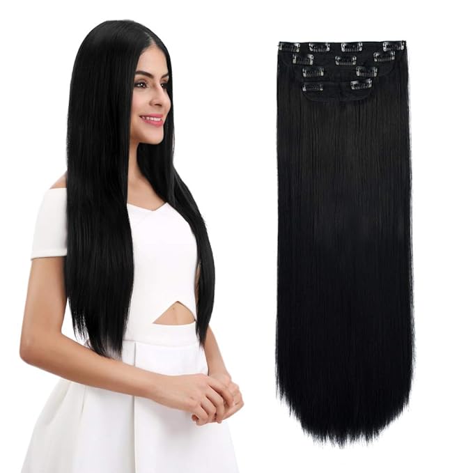 REECHO 14" Straight Short Length Long 4 PCS Set Thick Clip in on Hair Extensions Natural Black
