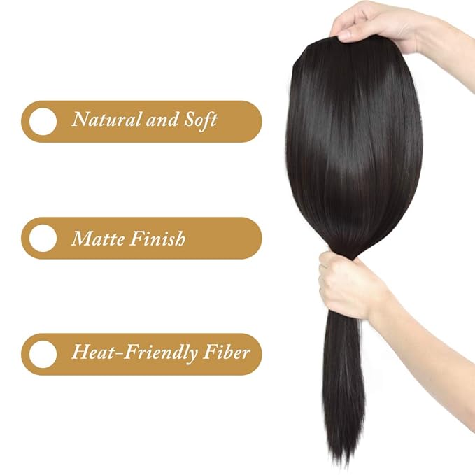 REECHO 24" Straight Clips in hair extensions Clips on HE008 Hairpieces Synthetic Hair Extensions for Women 5 Clips per Piece - Black Brown