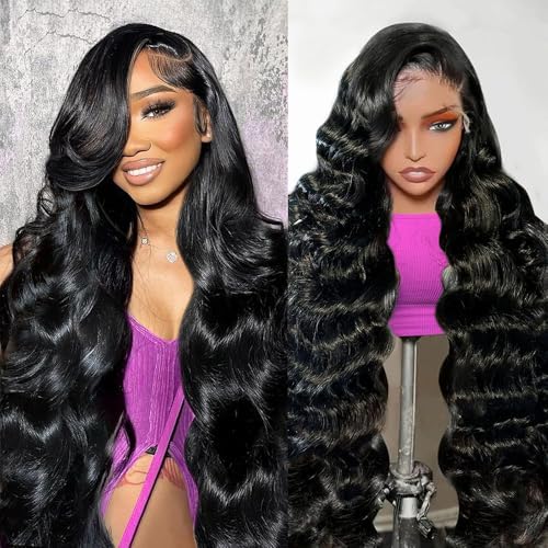 34 inch Body Wave Lace Front Wigs Human Hair 200% Density Pull Go 13x6 HD Transparent Glueless Human Hair Wig for Women Pre Plucked Pre Cut Bleached Knots with Baby Hair