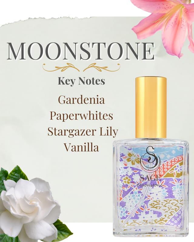 The Sage Lifestyle Moonstone Luxury Spray, Gardenia, Lily, Vanilla Musk, Egyptian Musk, Perfume for Women, Long Lasting, Floral Fragrance, Artisan, Vacation, Parfum, 2 oz, Travel Size, Made in USA