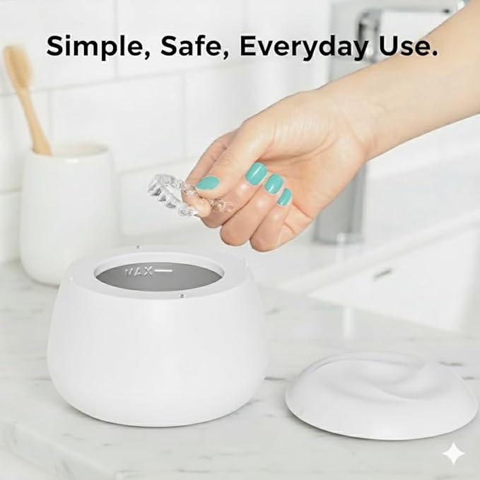 Fiona James 48kHz Ultrasonic Dental Pod Cleaner with UV – White | Retainer, Aligner, Night Guard & Denture Cleaner | Sonic Cleaning Machine for Oral Appliances & Jewelry