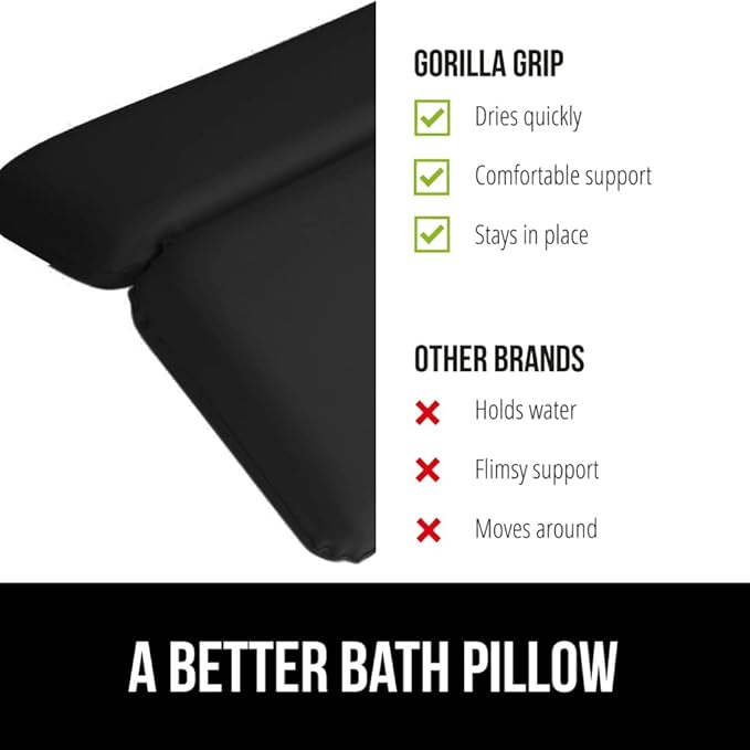 GORILLA GRIP Bath Pillow for Tub, Improved Suction Cups, Luxury Bathtub Pillows, Headrest for Neck and Back Support, Relaxing Home Spa, Hot Tubs and Bathroom Essentials, Gifts for Women, 2 Panel Black