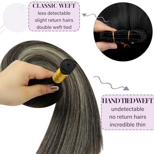 Fshine Human Hair Hand Tied Genius Weft Extensions 50g 16 Inch Human Hair Genius Weft Balayage Dark Brown Highlights Platinum Blonde Straight