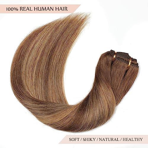 Sisily Clip in Hair Extensions Real Human Hair, 18 inch 150g, Chocolate Brown To Caramel Blonde, 100% Brazilian Remy Human Hair Clip in Extensions Soft Straight 7pcs Per Set with 16 Clips Double Weft