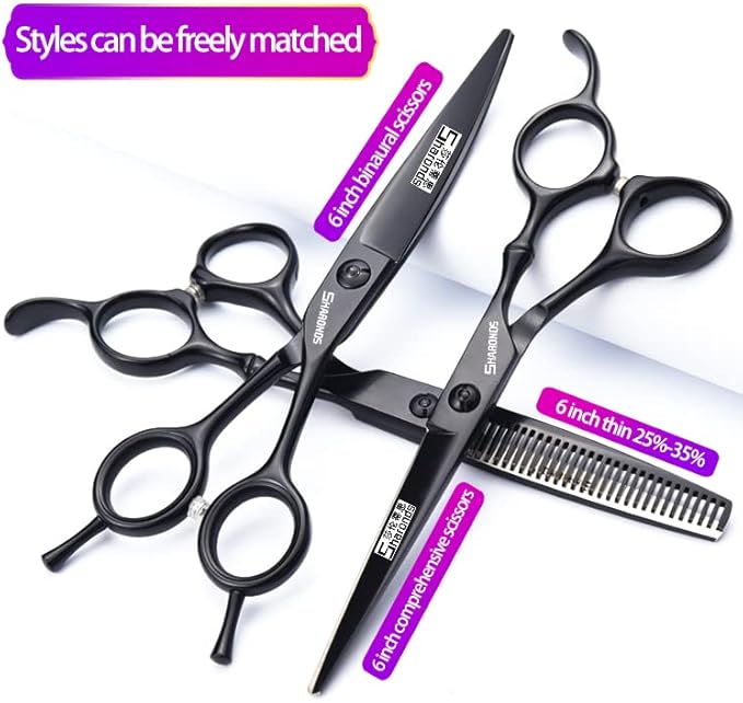 6/6.5/7 Inch Black Hairdressing Scissors Salon Hairdressing Tool 440c High Hardness Stainless Steel Haircut Hair Thinning Hairdressing Scissors (6 Inches, 3 Pieces)