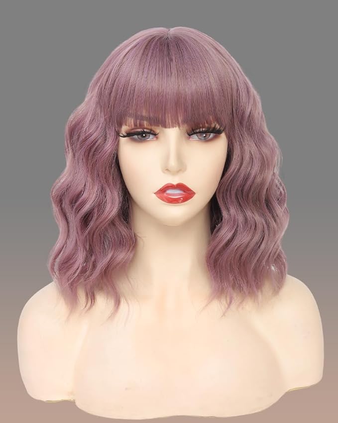 WAVE&BREEZE Short Purple Wigs with Bangs 14Inch Wavy Curly Bob Hair Wig for Women Shoulder Length Natural Looking Hair Replacement Wig for Daily Party Cosplay Costume Halloween