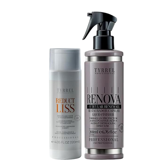 Kit Tyrrel Professional Brazilian Hair Straightening Treatment Set, Reduct Liss Keratin Cream 4.05 fl oz with Finishing Serum 200 ml – Leave-in heat protectant – Smoothes, controls frizz