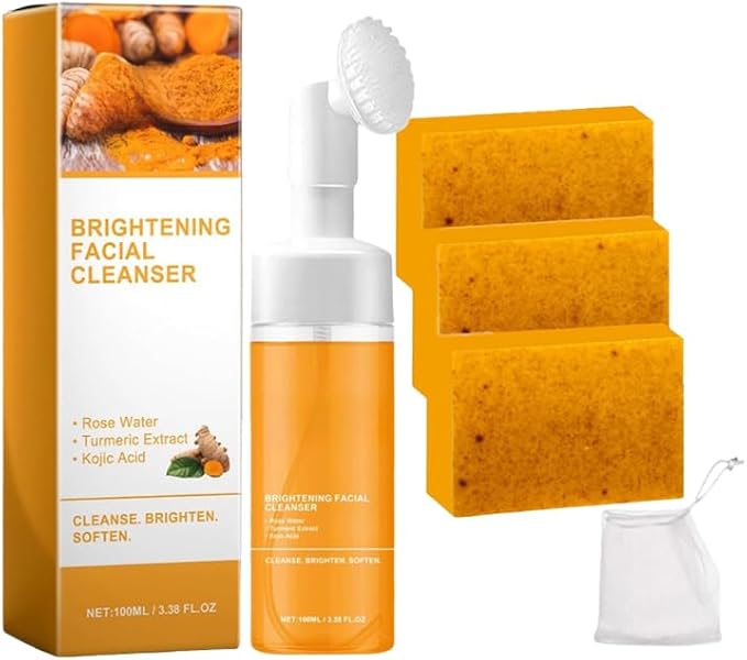 Turmeric Wash and Care Four Piece Set, Tuemeric Facial Cleanser & Turmeric Soap Combo, Turmeric Cleansing Mousse, Face Wash and Soap Bundle for Face & Body Deep Cleansing (1pc Turmeric Wash+3pc Soaps)