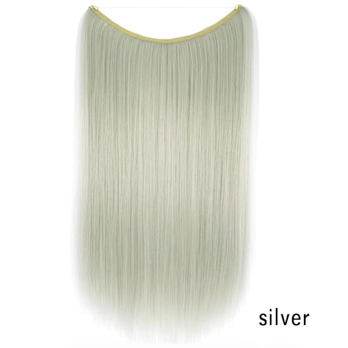 iLUU Silver Color Thick Hair Extension for Women Girl Secret Fish Line Hair Extensions Straight Hairpiece Invisible String Hairpiece Synthetic Hair Pieces no Clips no Glue no Damage 22"/55cm 80g/pack