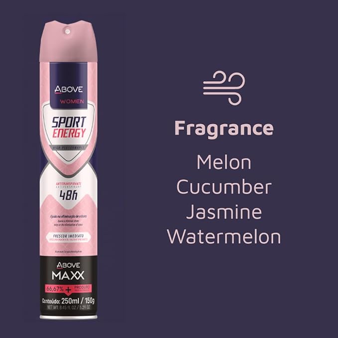ABOVE Deodorant Women Spray, Sport Energy MAXX 48 Hours -Protects Against Sweat & Body Odor - Dry Antiperspirant Women Spray, Instant Freshness - Alcohol Free - 5.29 oz