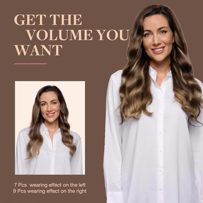 GOO GOO Clip in Hair Extensions Real Human Hair, Remy Human Hair Extensions Clip ins for Women, Natural Human Hair, 16inch 150g 9Pcs, 4/27/4 Balayage Chocolate Brown to Caramel Blonde