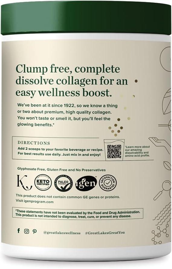 Great Lakes Wellness Collagen Peptides Powder for Skin, Hair, Nails, Joints & Digestion - Unflavored - Quick Dissolve Hydrolyzed, Non-GMO, Keto, Kosher - 20 oz