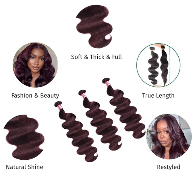 UNICE 12A Human Hair Bundles 20 22 24 inch Body Wave Bundles Human Hair 100% Unprocessed Brazilian Raw Hair Quick Weave Extensions Cherry Black No Shedding No Tangle