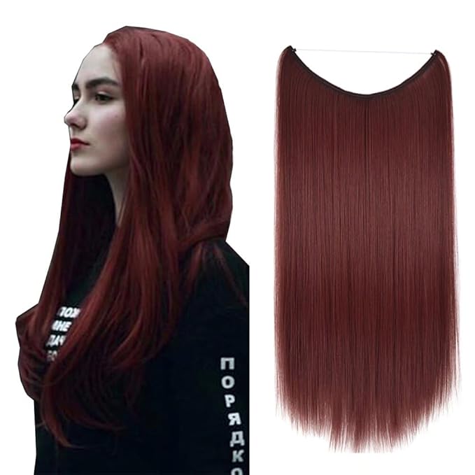 iLUU 22" 80g Straight Hair Invisible String Secret Fish Line Hair Extensions Synthetic Hairpieces Hairpice #118 Wine Red Color Natural Hair Extensions for Women Girl Lady