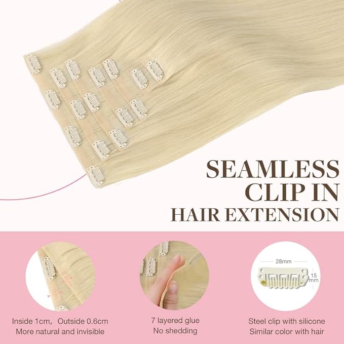 GOO GOO Clip in Hair Extensions Real Human Hair, Remy Human Hair Extensions Clip ins for Women, Natural Human Hair, 20inch 110g 7Pcs, 60A Platinum Blonde