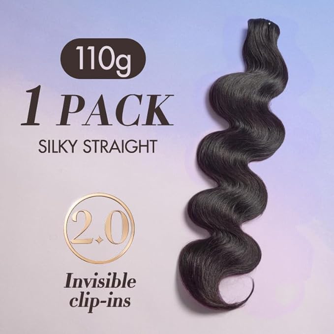 LUVME Invisible Clip in Hair Extensions Body Wave Real Human Hair, Remy Human Hair Extensions Clip ins for Women, Natural Human Hair, 20 inch 110g 6Pcs, Natural Black