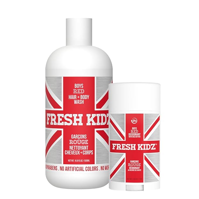 Fresh Kidz Hair & Body Wash 16.9 fl.oz. and Stick Deodorant 2.65 oz for Kids and Teens - Boys Red Set