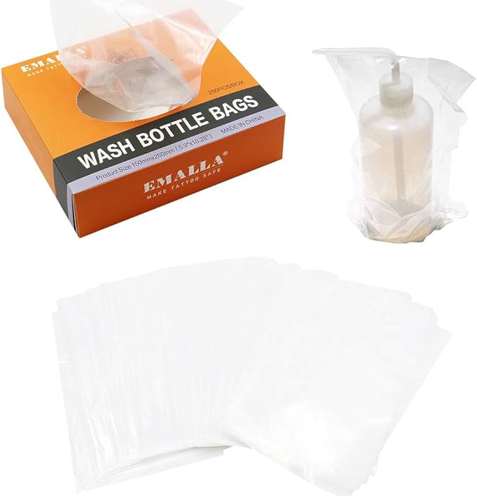 Yuelong Tattoo Wash Bottle with Bags Kit, 2Pcs 250ml Squeeze Washing Tools and 250pcs Tattoo Bottles Covers Water Squirt Bottle with Scale Labels for Medical Label Tattooing Supplies
