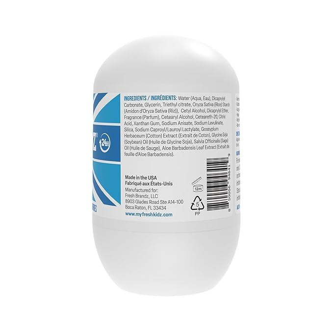 Fresh Kidz Roll On Deodorant for Kids and Teens - Baking Soda and Aluminum-free 24 Hour Protection for Sensitive Skin - Boys "Blue" 1.86 fl.oz. (3 Pack)