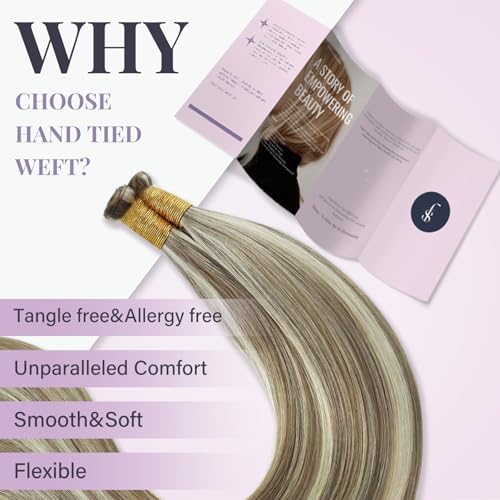Fshine Genius Weft Sew in Human Hair Genius Weft Light Brown Highlight Platinum Blonde 24 Inch 60g Real Human Weave Natural Human Weave Hand Tied Remy