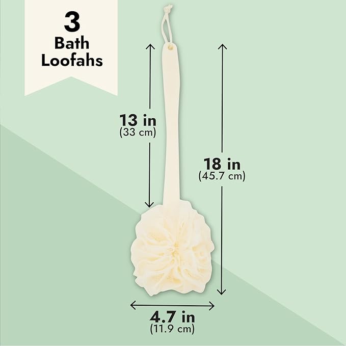 Juvale Exfoliating Luffa Shower Scrubber & Bath Scrubber for Body - 18 in, Ivory, 3-Pack - Loofah on a Stick & Shower Brush for Back